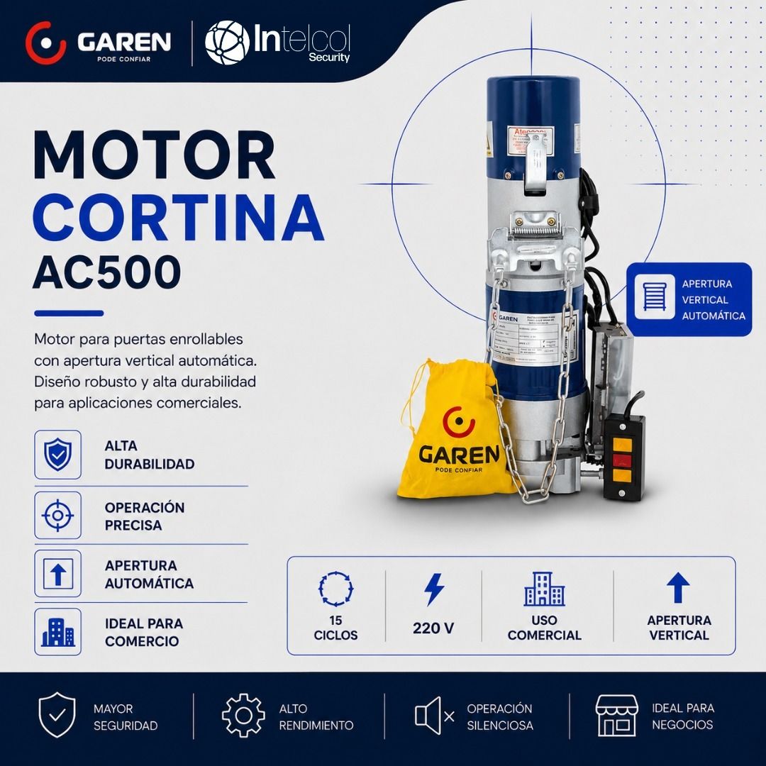 Banner de la motocicleta Cortina AC500 con máquina azul, bolsa amarilla e iconos de características sobre un fondo oscuro.