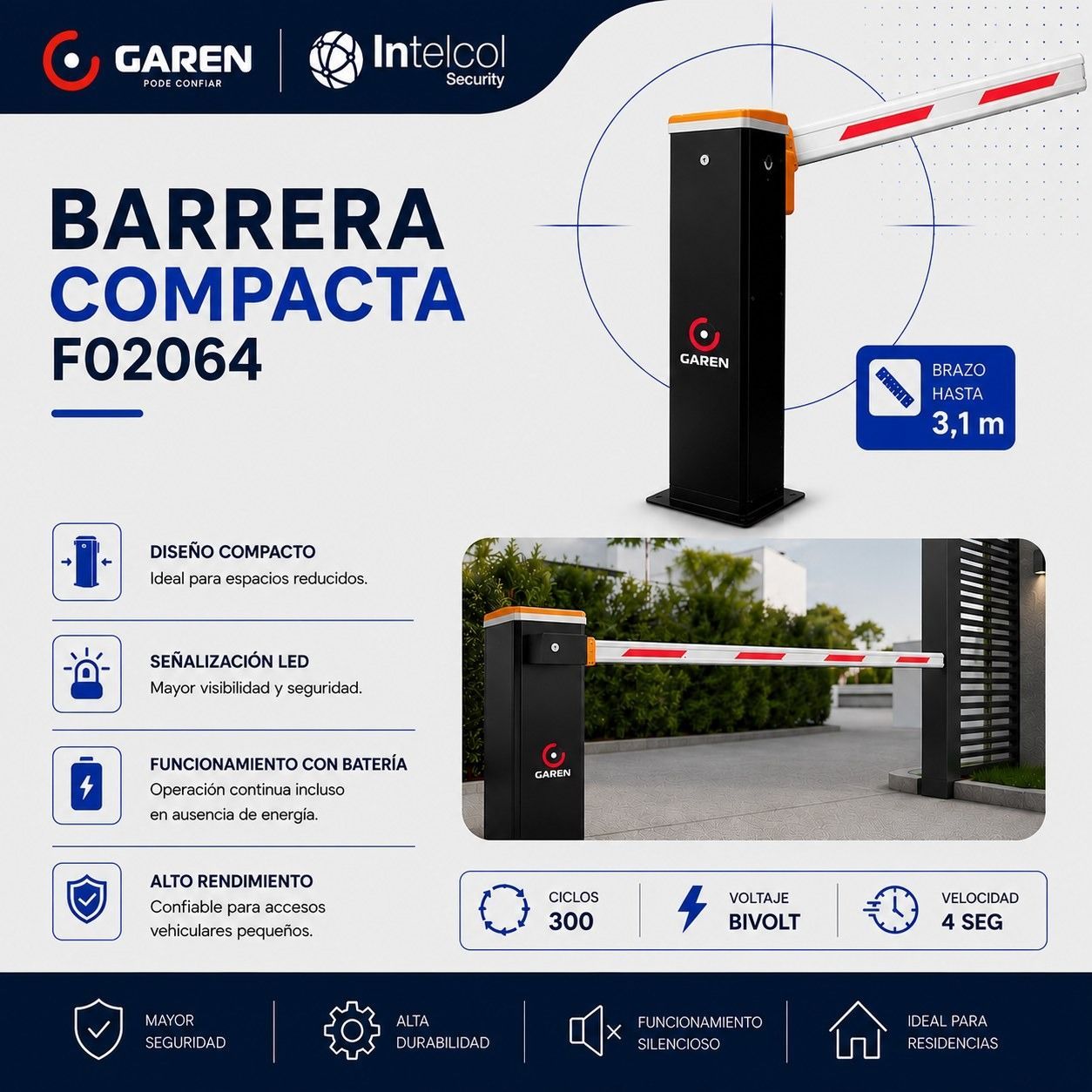 Barrera compacta negra y roja F0264 con brazo blanco, en anuncio de seguridad de acceso.