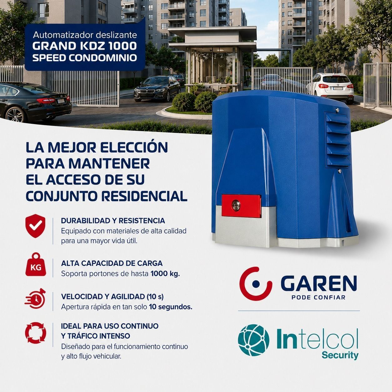 Anuncio de residencia con portón azul y autos, texto en español sobre acceso residencial y seguridad