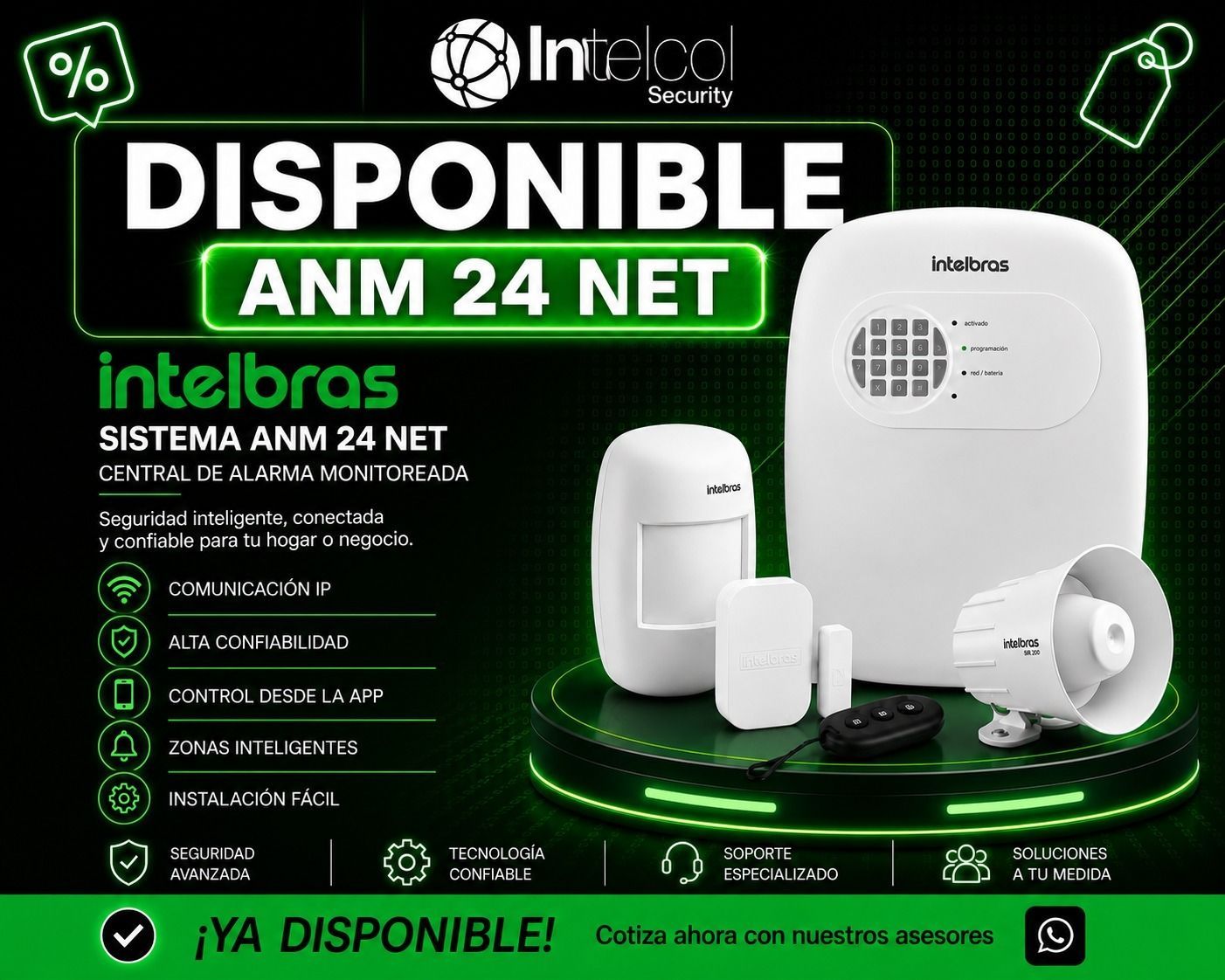 Anuncio de sistemas de alarma Intelbras sobre fondo negro con detalles en verde y varios dispositivos de seguridad blancos.