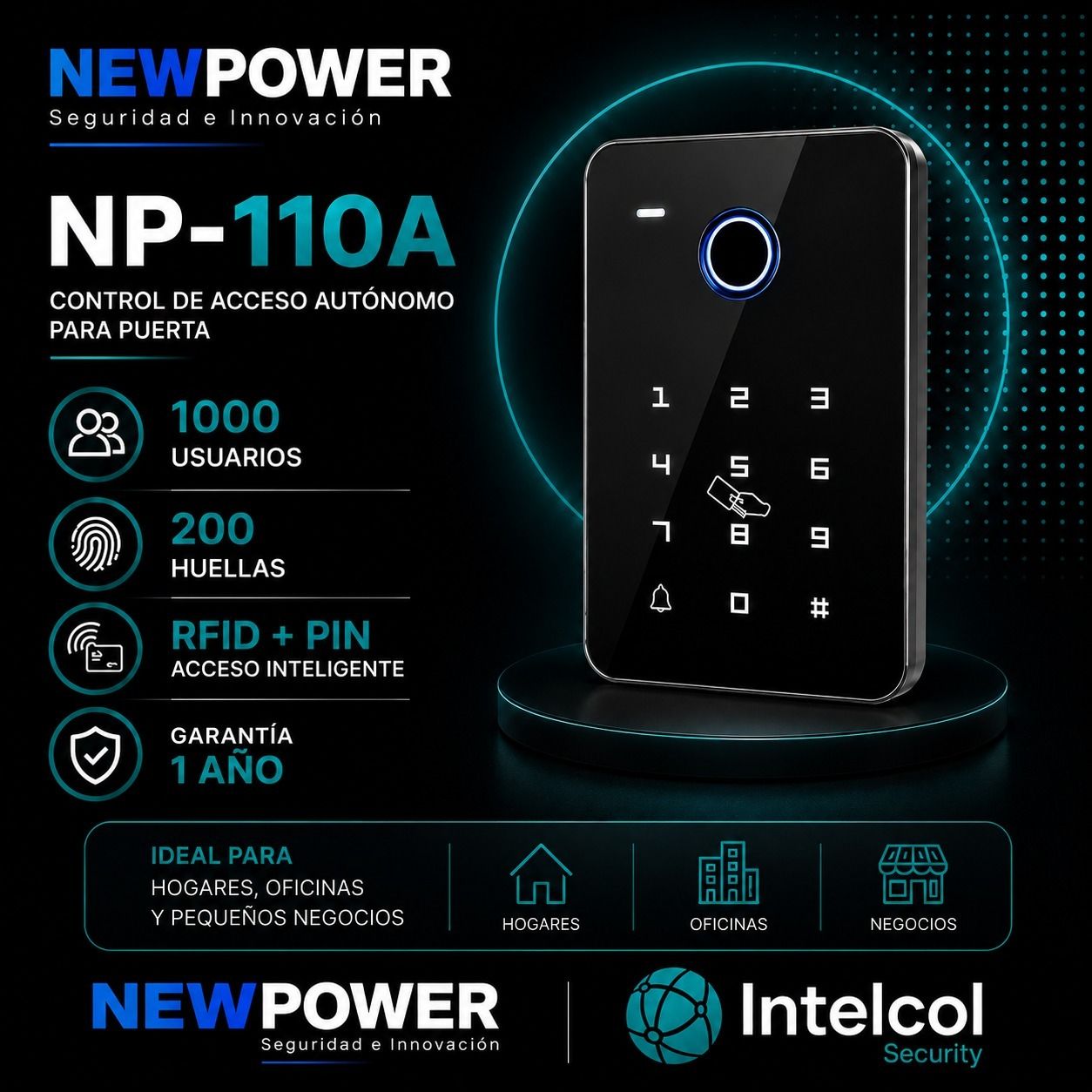 Gráfico promocional del teclado de control de acceso NEWPOWER NP-110A de color negro, que muestra RFID + PIN y 1000 usuarios.