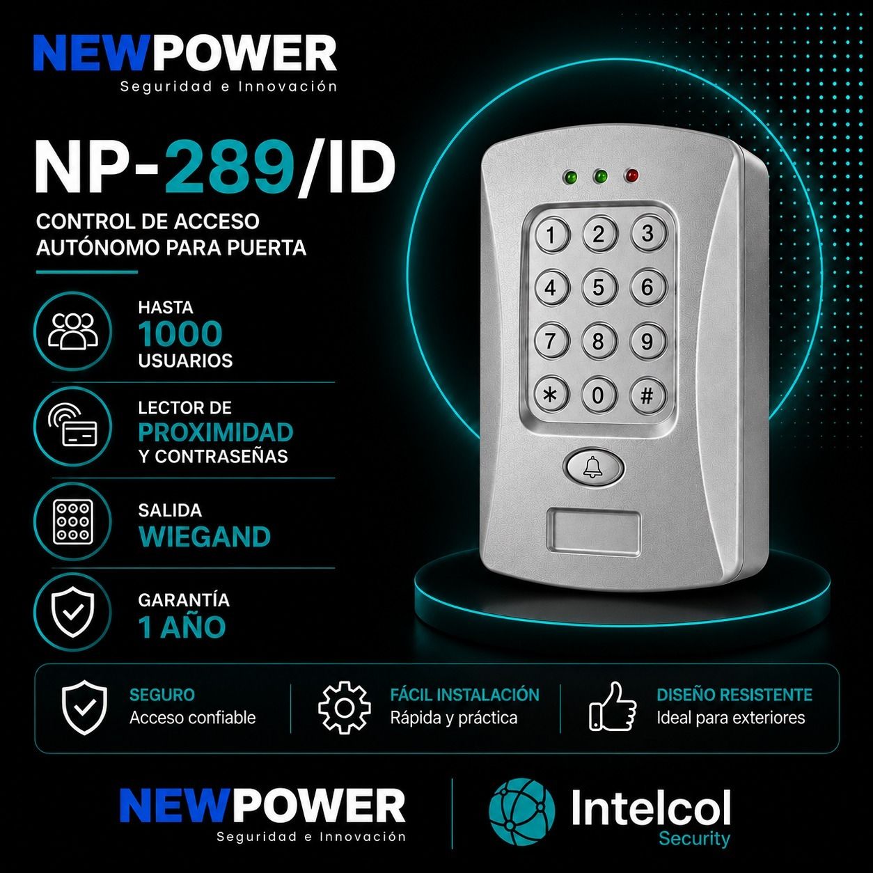 Publicidad de cerradura de acceso autónomo NP-289/ID blanca con teclado numérico e indicadores LED.