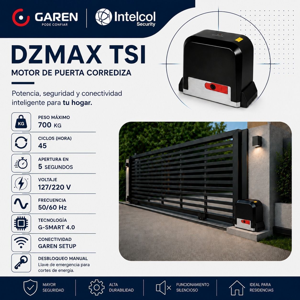 Anuncio del motor para portón corredizo DZMAX TSI negro con especificaciones y una foto de instalación del portón.