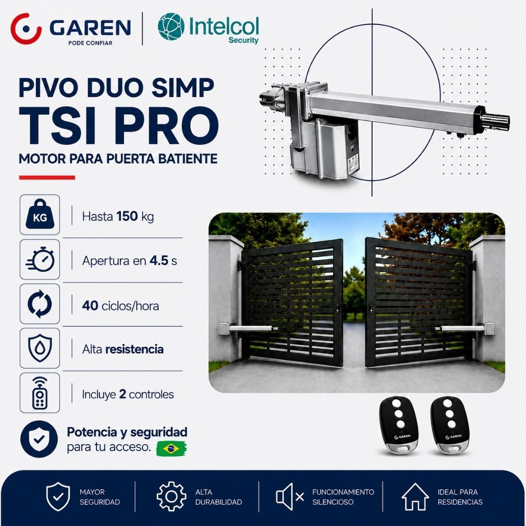 Anuncio del abridor de portón automático PIVO DUO SIMP TSI PRO con motor, controles remotos y entrada para vehículos con portón.