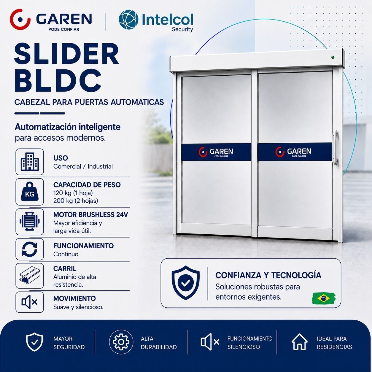 Anuncio de Garen e Intelcol para motor automático de puerta corredera blanco con detalles azules e iconos de características.