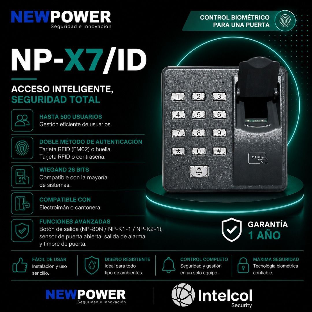 Dispositivo de control de acceso NewPower NP-X7ID negro con teclado, lector de huellas dactilares y funciones de seguridad sobre fondo verde azulado.