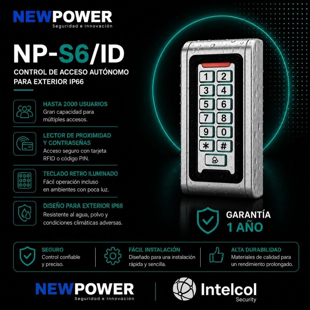 Gráfico promocional para el control de acceso con teclado NEWPOWER NP-S6/ID, dispositivo negro sobre fondo oscuro, “garantía 1 año”