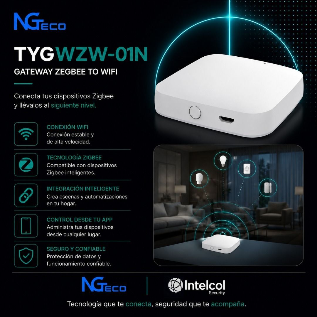 Anuncio de producto en negro para la puerta de enlace TYGWZW-01N con iconos y un concentrador blanco sobre fondo oscuro.
