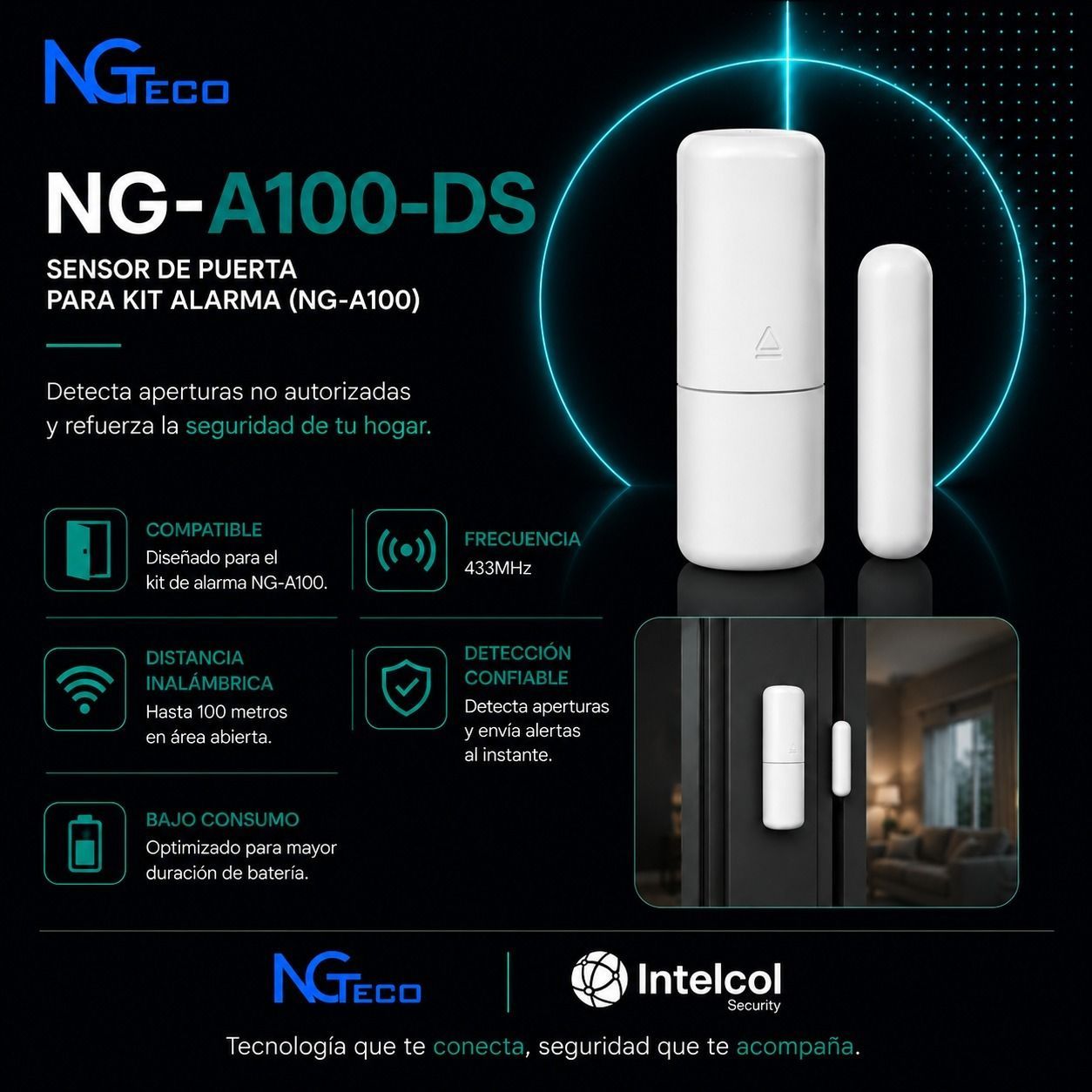 Publicidad de sensor de puerta inalámbrico NG-A100-DS blanco con especificaciones y logotipos de NGeco e Intelcol