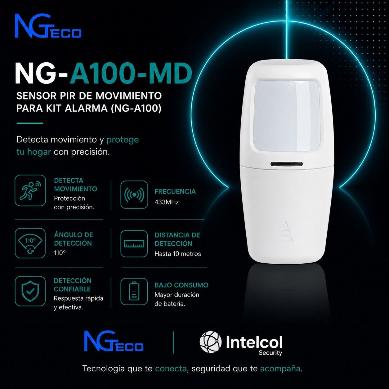 Anuncio del detector de movimiento NG-A100-MD con sensor blanco sobre fondo azul oscuro.