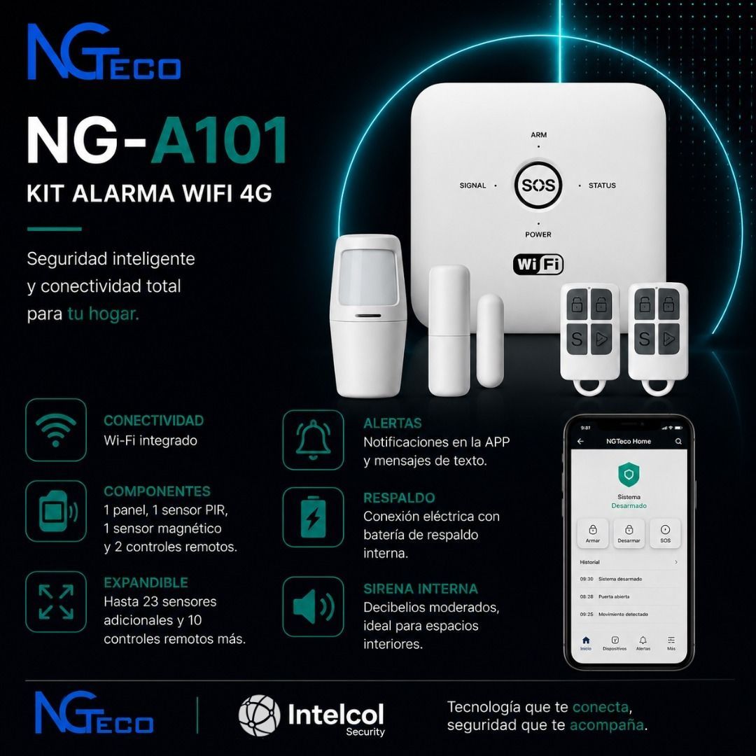 Kit de alarma WiFi 4G NG-A101 con sensores, teclado, mandos a distancia y aplicación sobre fondo negro.