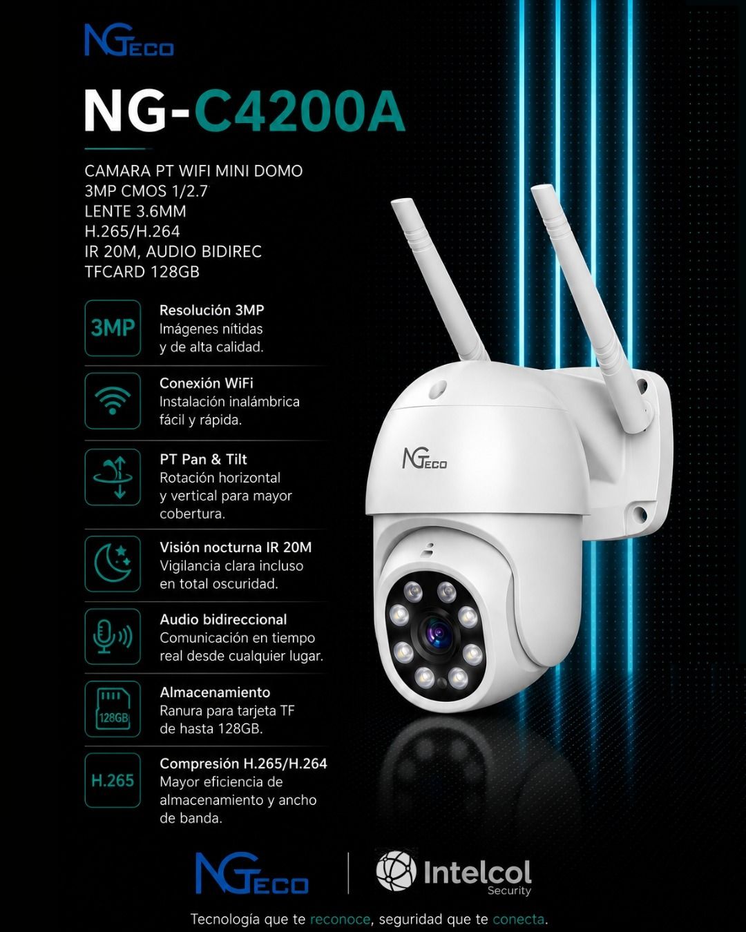 Cámara de seguridad NG-C4200A blanca con antenas duales sobre un fondo promocional oscuro de estilo tecnológico.