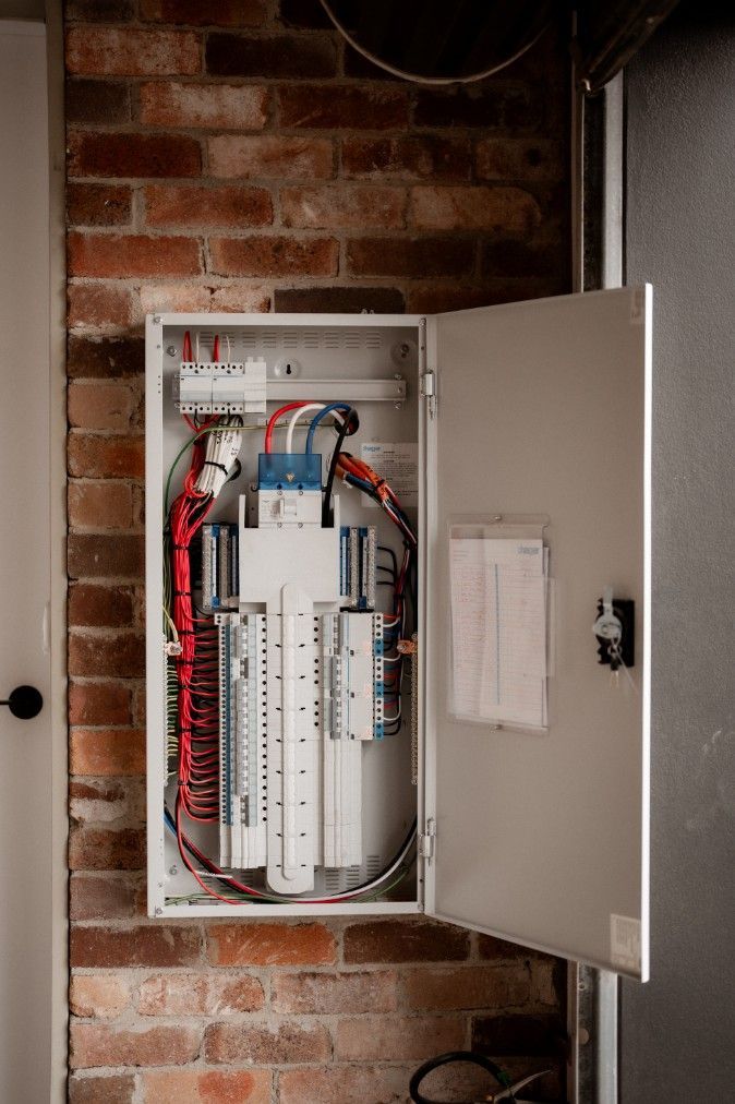 A White Electrical Box is Hanging on a Brick Wall — John McEwan Electrical In Dapto, NSW