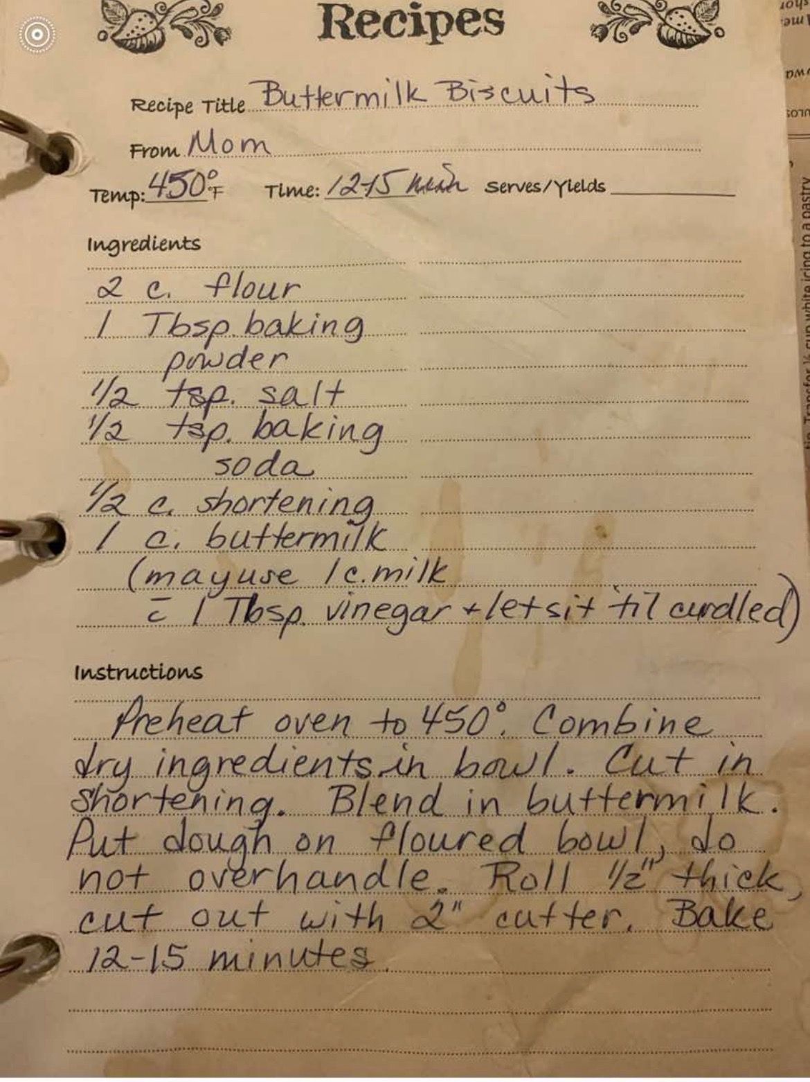 A recipe for buttermilk biscuits is written in a notebook