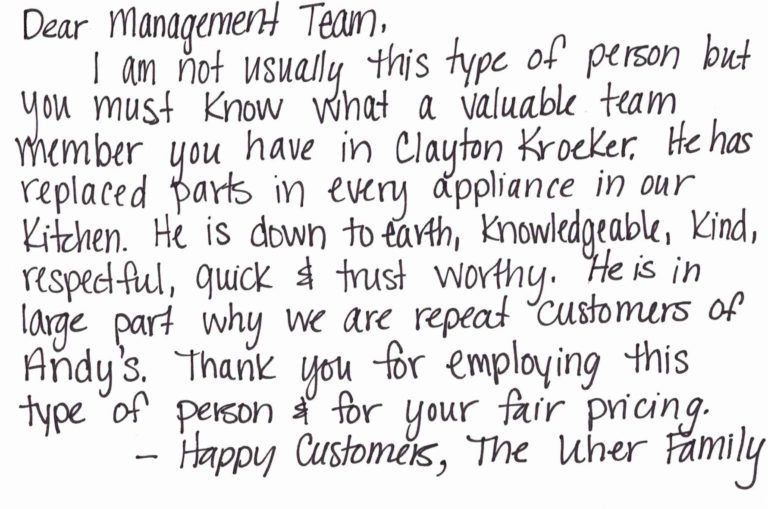 Happy Customers Hand Written Review | St. Louis, NE | Andy's Appliance Repair