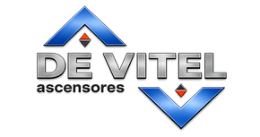 Logotipo de ascensores DE VITEL con flechas geométricas azules y grises
