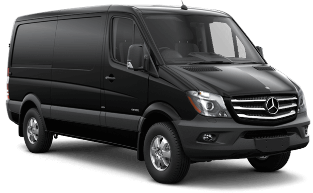 A black mercedes van is parked on a white background.