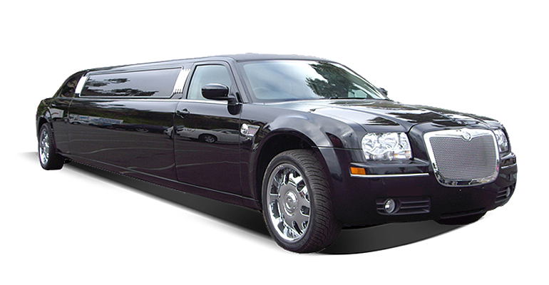 A black limousine is parked on a white background.