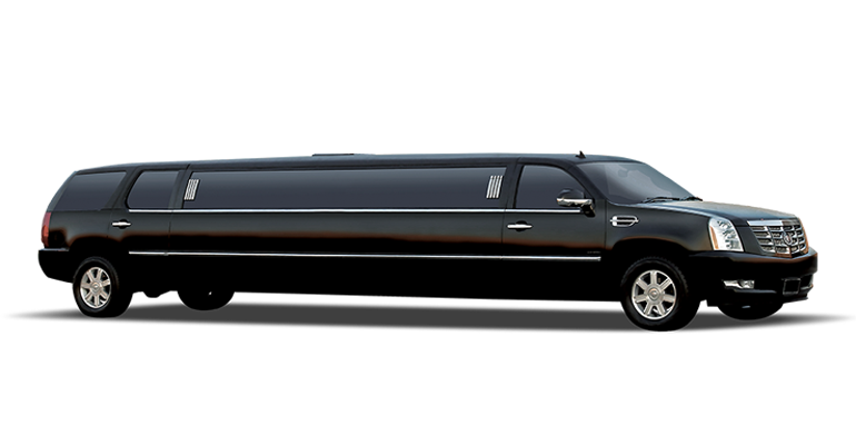 A black limousine is parked on a white background.