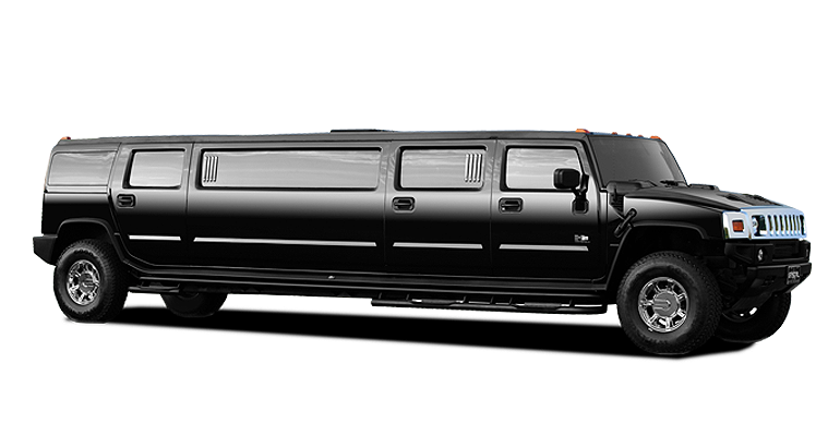 A black hummer limousine is parked on a white background.