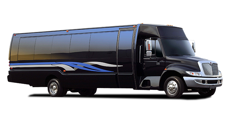 A black and blue bus is parked on a white background.