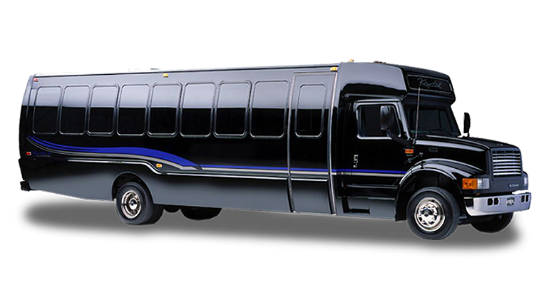 A black bus with blue stripes on the side is on a white background