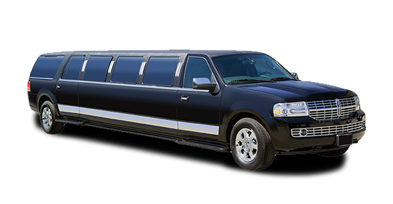 A black limousine is parked on a white background.