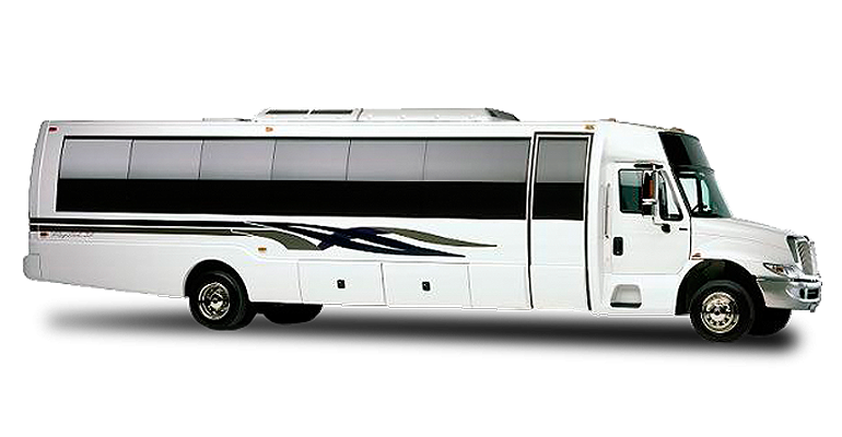 A white bus with black stripes on the side is parked on a white background.