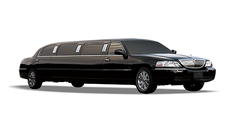 A black limousine is shown on a white background.