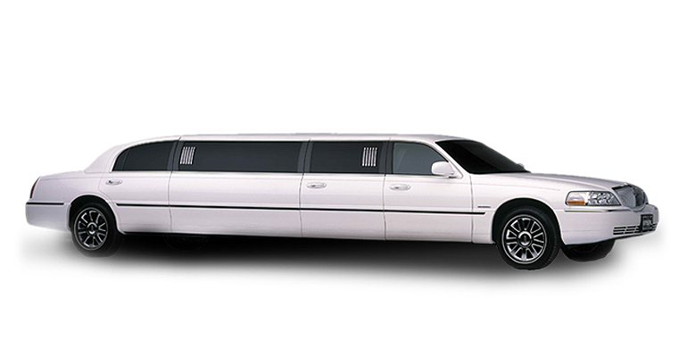 A white limousine is parked on a white background.