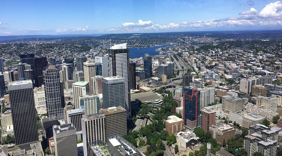 An aerial view of a city with lots of tall buildings and trees.