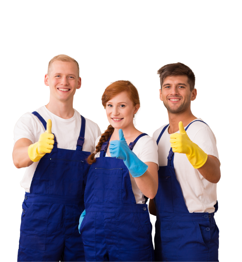 Three people wearing blue overalls and yellow gloves are giving a thumbs up