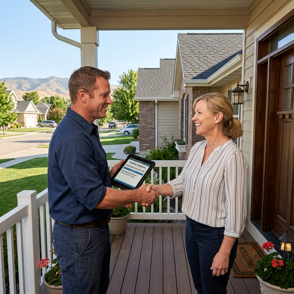 Roofing contractor shaking hands with homeowner in Kuna Idaho
