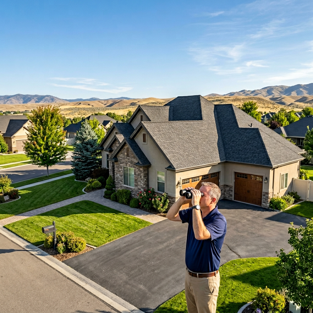 Kuna Idaho homeowner inspecting roof with binoculars for maintenance