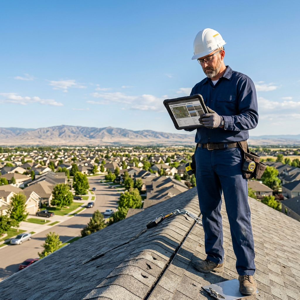 Close-up hail impact damage on asphalt shingles Kuna Idaho