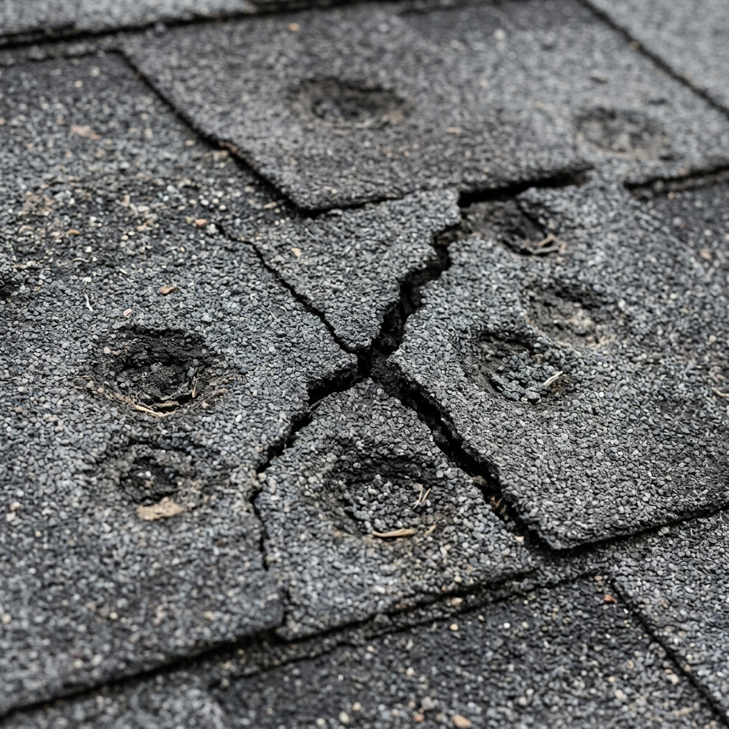 Close-up hail impact damage on asphalt shingles Kuna Idaho