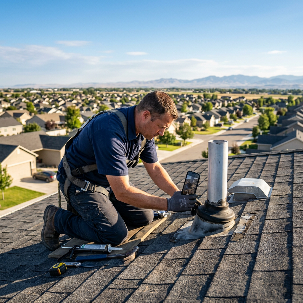 Roofing contractor inspecting pipe boot seal on residential roof in Kuna Idaho