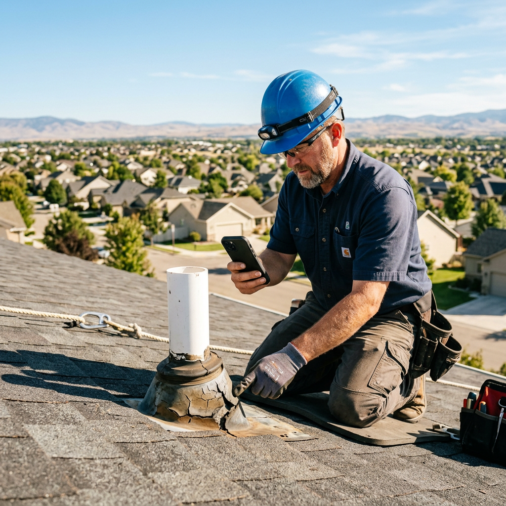 Roofing contractor inspecting pipe boot on Kuna Idaho home