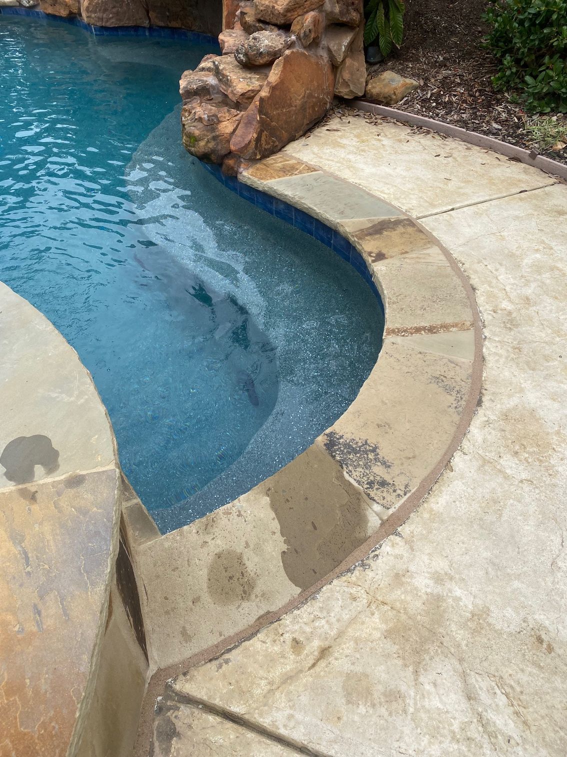 A swimming pool with a curved edge and a concrete patio next to it.