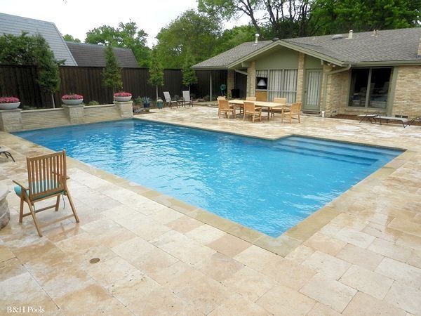 A large swimming pool is in the backyard of a house