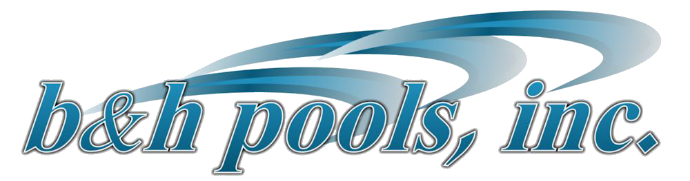 A blue and white logo for b & h pools inc.