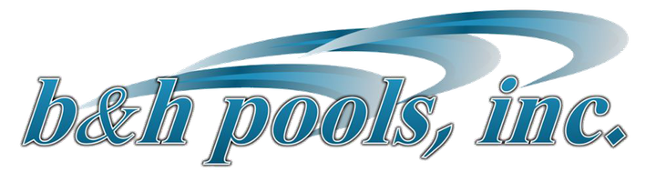 A blue and white logo for b & h pools inc.