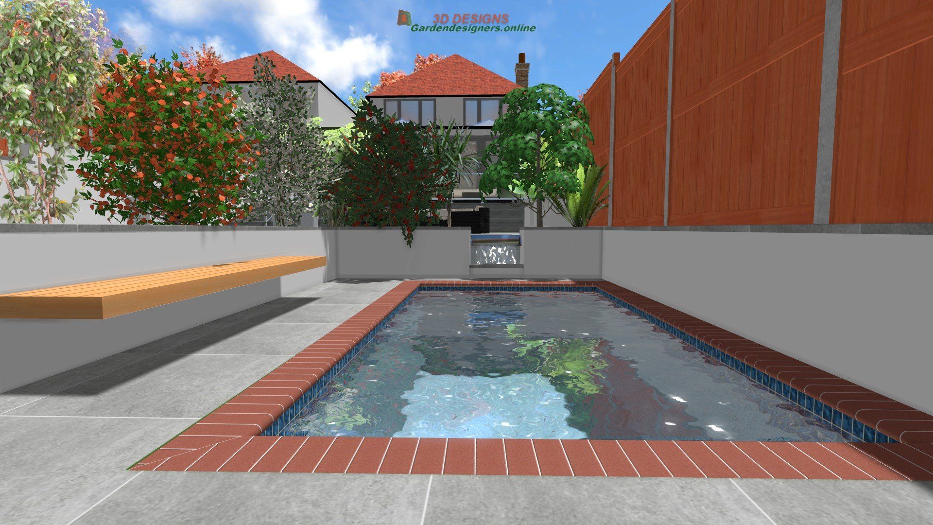 A computer generated image of a swimming pool in a backyard