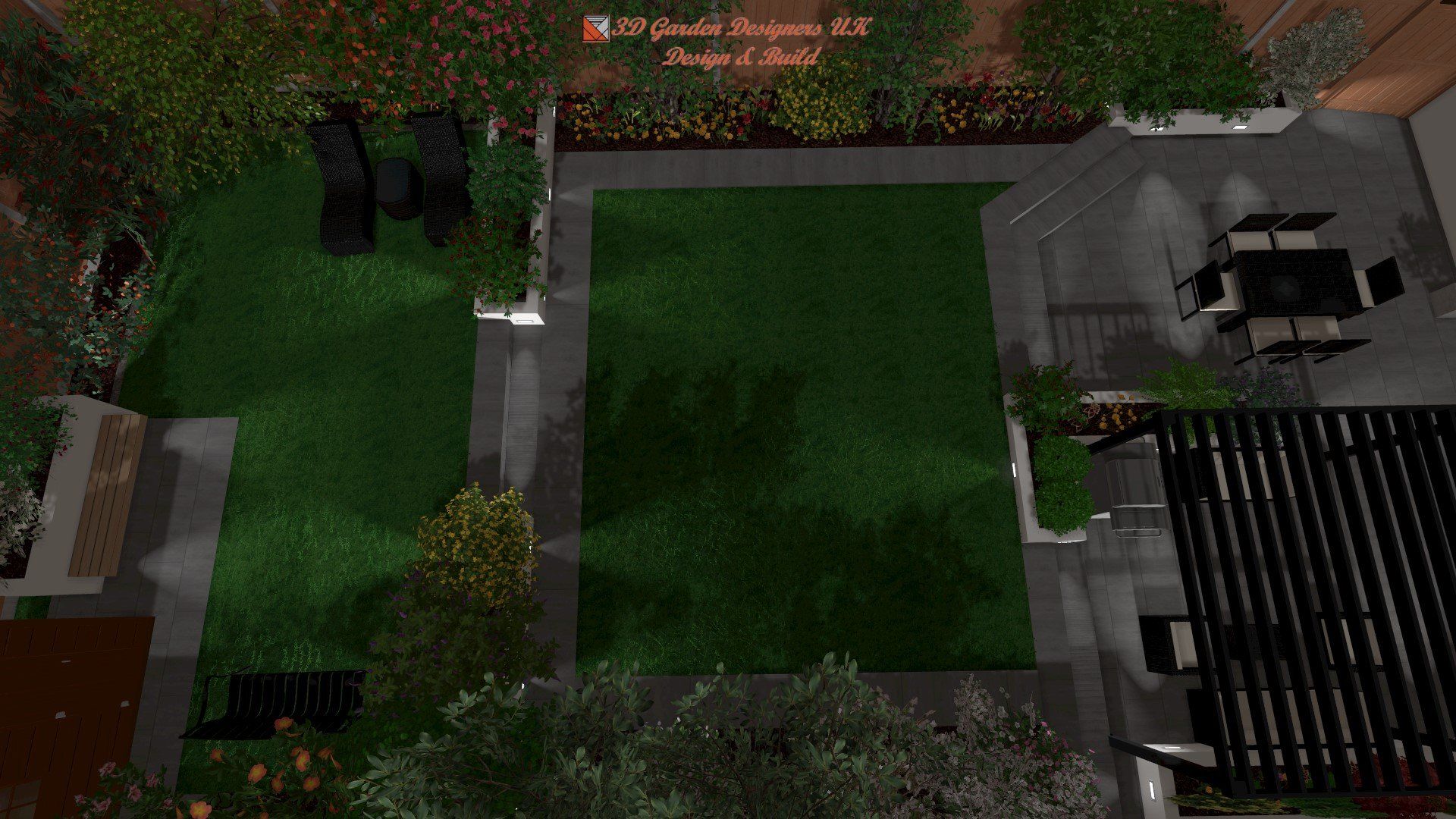 An aerial view of a lush green garden with a table and chairs.