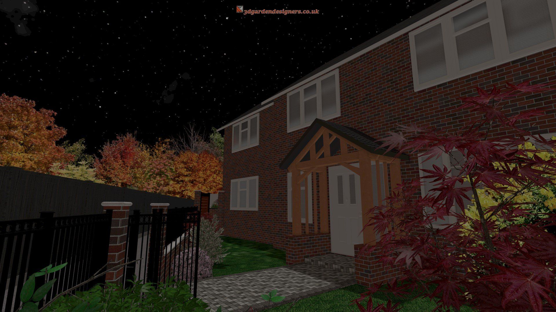 A computer generated image of a brick house at night.