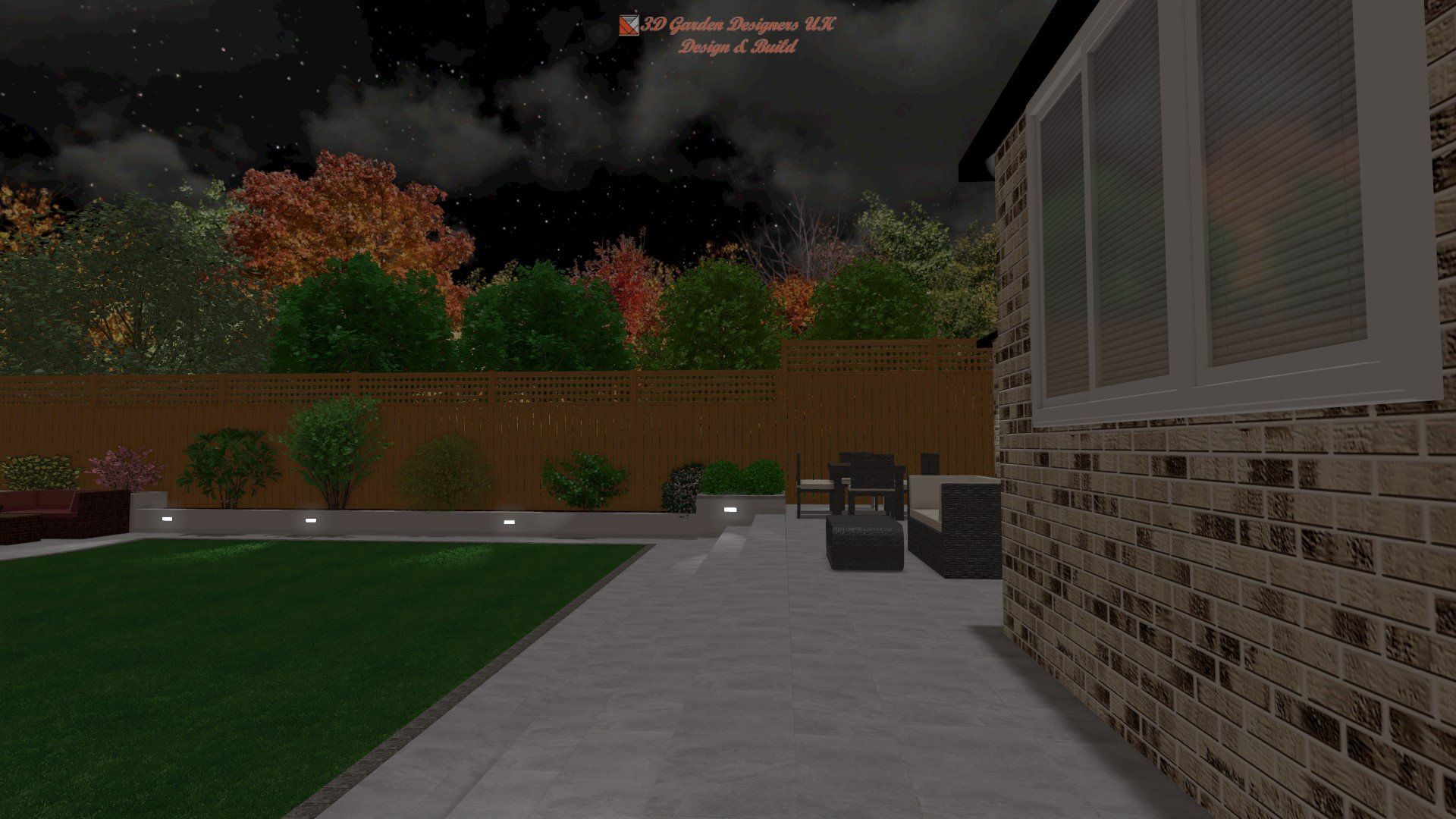 A computer generated image of a backyard at night