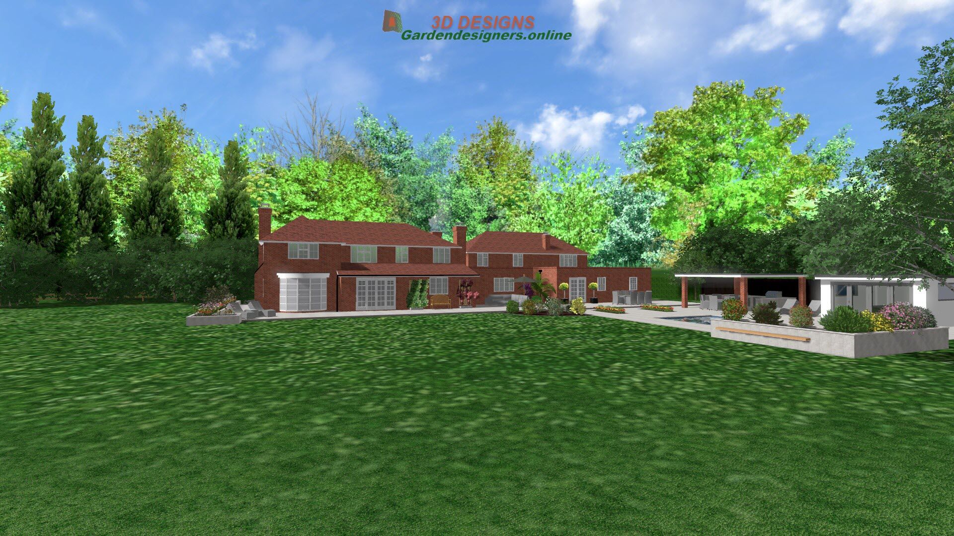 A large red brick house with a large lawn in front of it