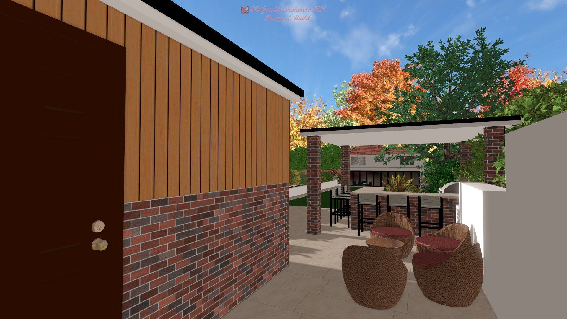 A computer generated image of a patio with chairs and a table.