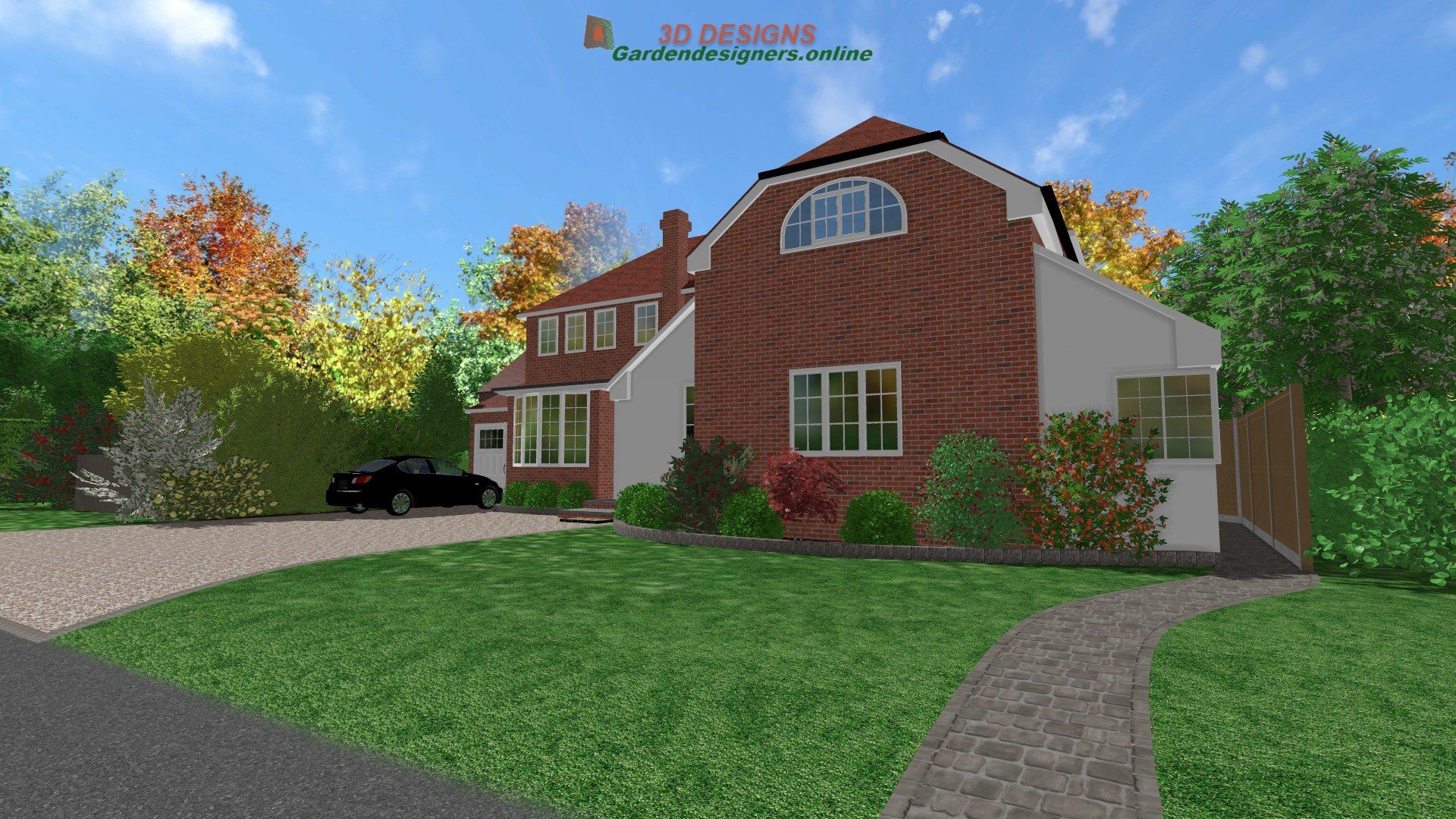 A brick house with a black car parked in front of it