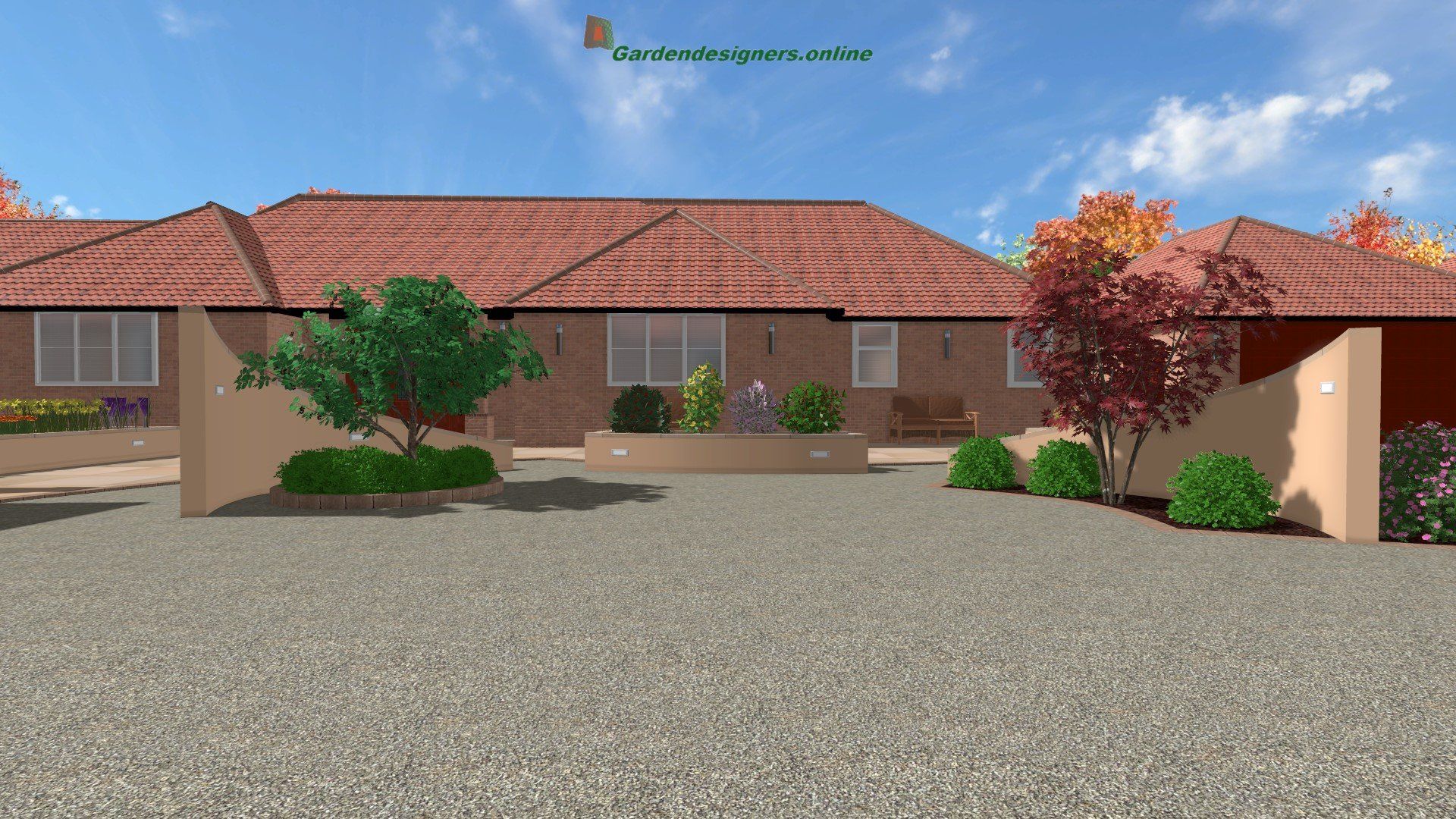 A computer generated image of a house with a red tile roof